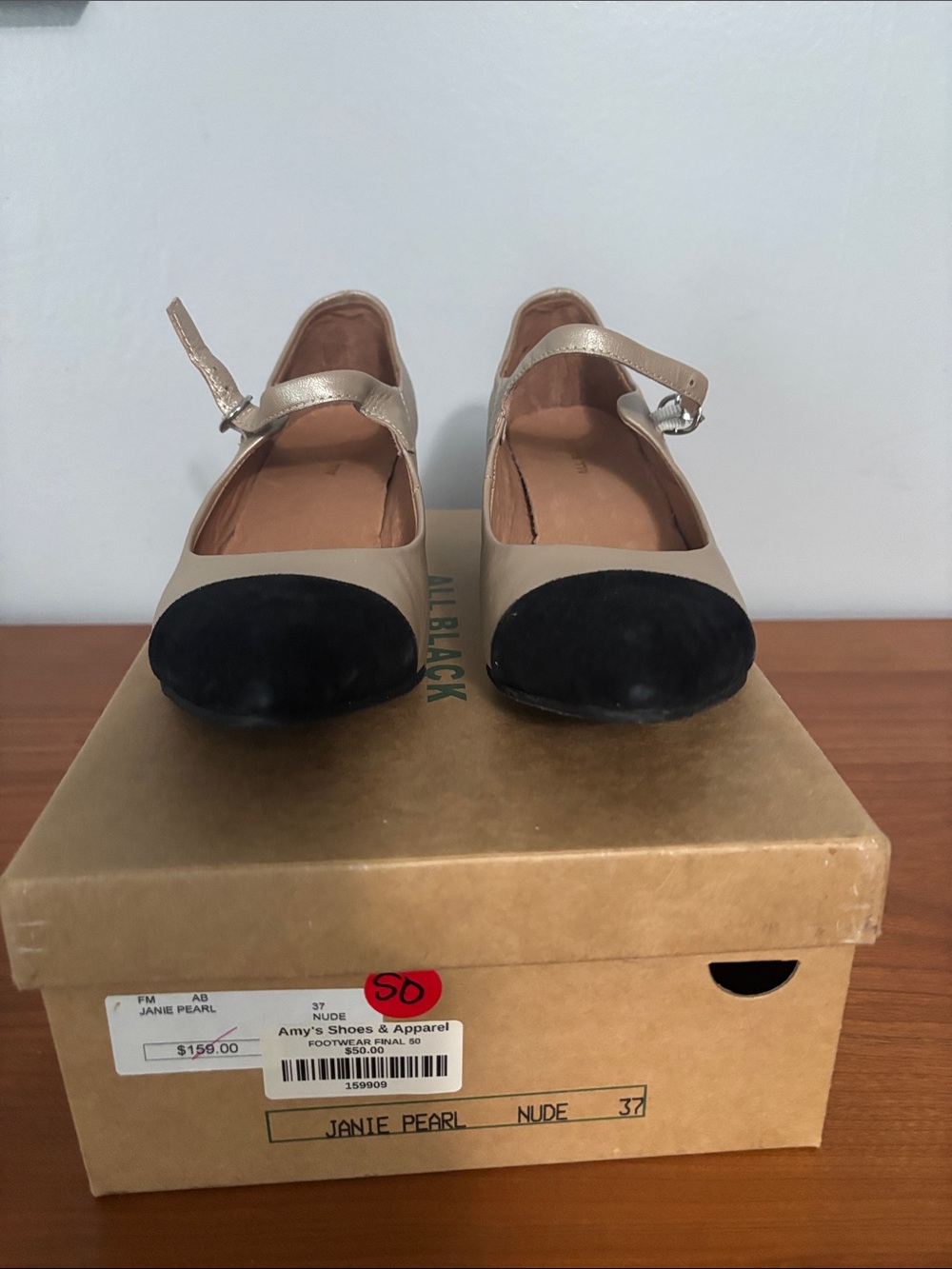 Nude and Black Mary Jane Flats with Ankle Strap